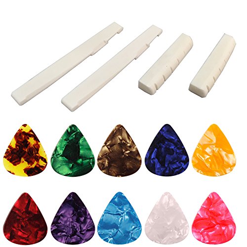 Lot de 4 – Guitare acoustique à 6 cordes – Sillet et chevalet en os, Senhai – 2 guitares de rechange à os de bovin, avec 10 onglets en celluloïd (0,96 mm) - Les Beatles, Paul McCartney, John Lennon, RIngo Starr, George Harrison Lot de 4 - Guitare acoustique à 6 cordes - Sillet et chevalet en os, Senhai - 2 guitares de rechange à os de bovin, avec 10 onglets en celluloïd (0,96 mm)