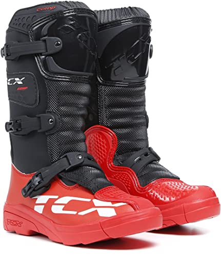 TCX - Comp Kid, Bottes de Motocross pour Enfants, Tige en Microfibre, 3 Boucles Fermeture en Polyuréthane avec Réglage Micrométrique et Velcro, Noir/Rouge
