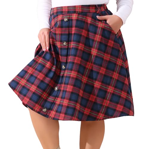 Agnes Orinda Plus Size Vintage Skirt for Women Plaid Elastic High Waist Button Front A-Line Skirt with Pockets2