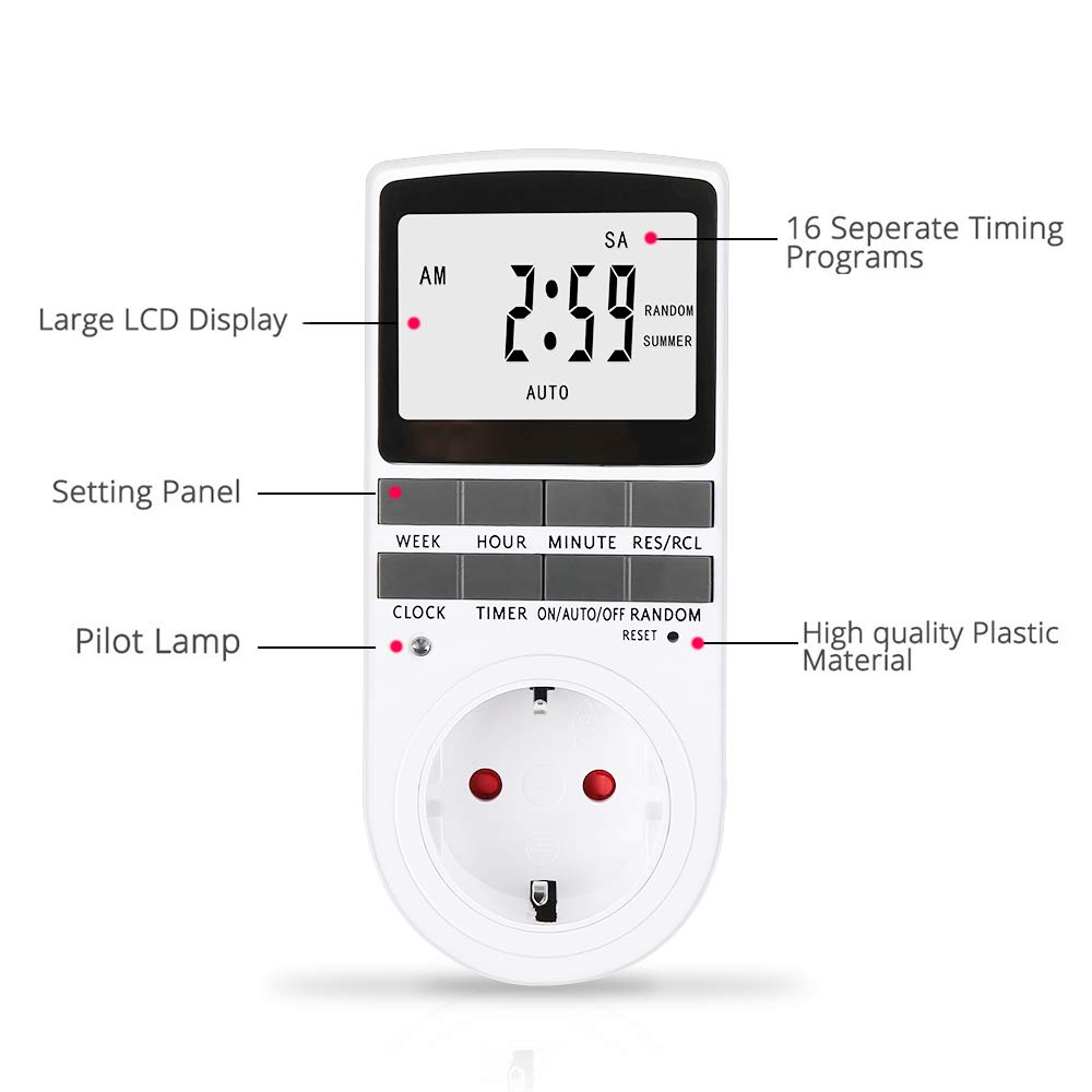 Zeitschaltuhr Steckdose, LCD Zeitschaltuhr Digitale Elektronische Steckdose mit 10 konfigurierbaren Schaltprogramme und Anti-Theft-Modus, Timer Steckdose, Timer Schalter, für Beleuchtung, Lüfter usw.