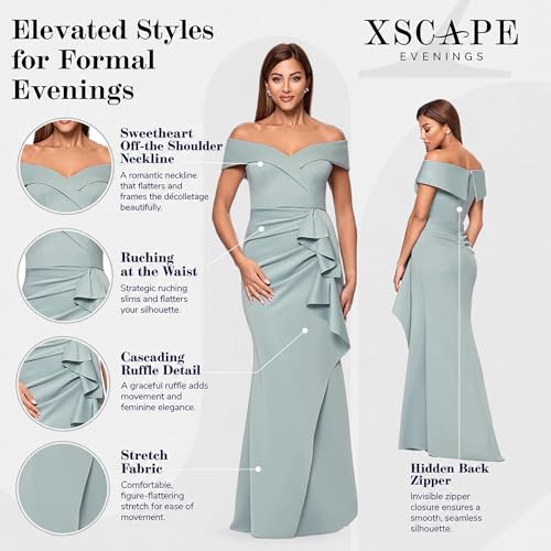 Image of Xscape Women's Long Off-the-Shoulder Sweetheart Neckline Formal Evening Gown with Ruching and Draped Ruffle Detail