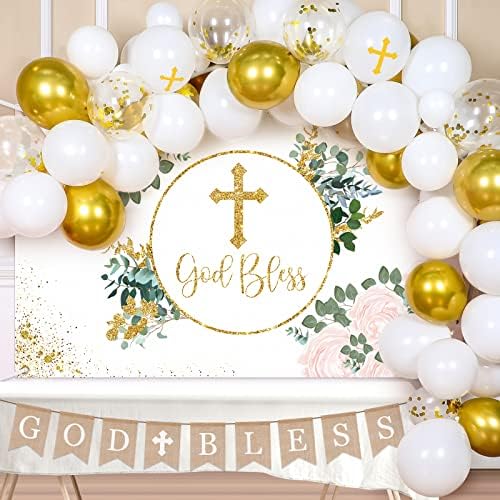 Lenwen 63 Pcs Baptism Party Decorations First Communion Decorations, God Bless Banner, Baptism Backdrop 61 Pcs White Gold Balloon Garland Kit for Boys Girls Baby Shower Wedding Birthday Party Decors