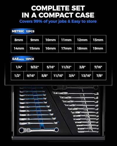 Image of toolant 25pcs Ratcheting Wrench Set, Reversible Flex Head & Offset Head Double Box-End Ratcheting Wrench Set, 8-19mm & 1 /4 inch-7 /8 inch Set, 90-Teeth and 4 Swing, with Storage Tray