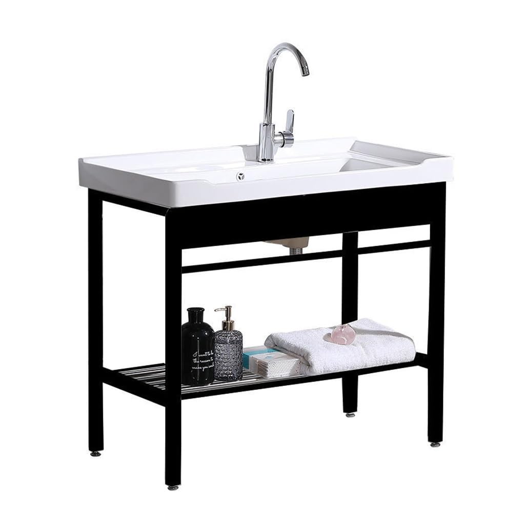Fregadero Independiente for Lavandería, Lavabo de Cerámica con Tabla de Lavar Patas de Metal de Acero Inoxidable Soporte y Kit de Drenaje, for Lavadero, Lavadero, Garaje, Sótano ( Size : 60X48CM )