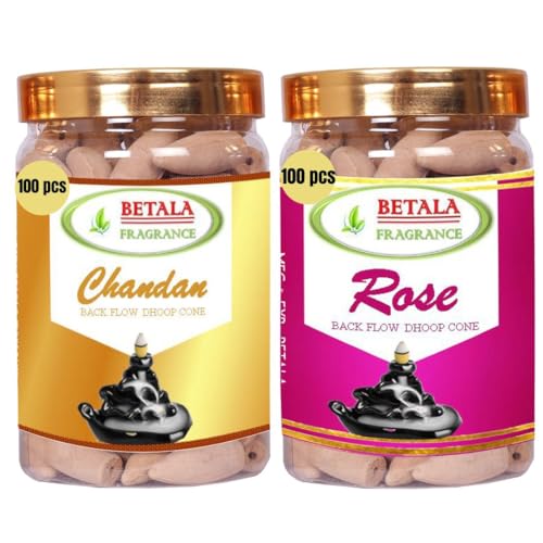 Image of Betala Fragrance 2 in 1 Backflow Dhoop Cones, Chandan & Rose Flavour Backflow Incense Cones, 2 Packs of 100 Pcs Back Flow Cones (Sandal & Gulab)