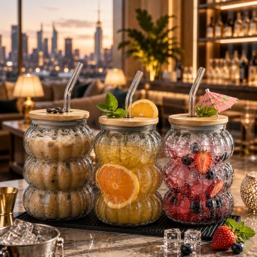 Image of Glass Tumblers with Wooden Lid and Glass Straw, 600ml, Borosilicate Glass, for Coffee, Iced Coffee, Juice and Smoothies, Coffee Mug, Sipper (Grey - Pumpkin Shape)