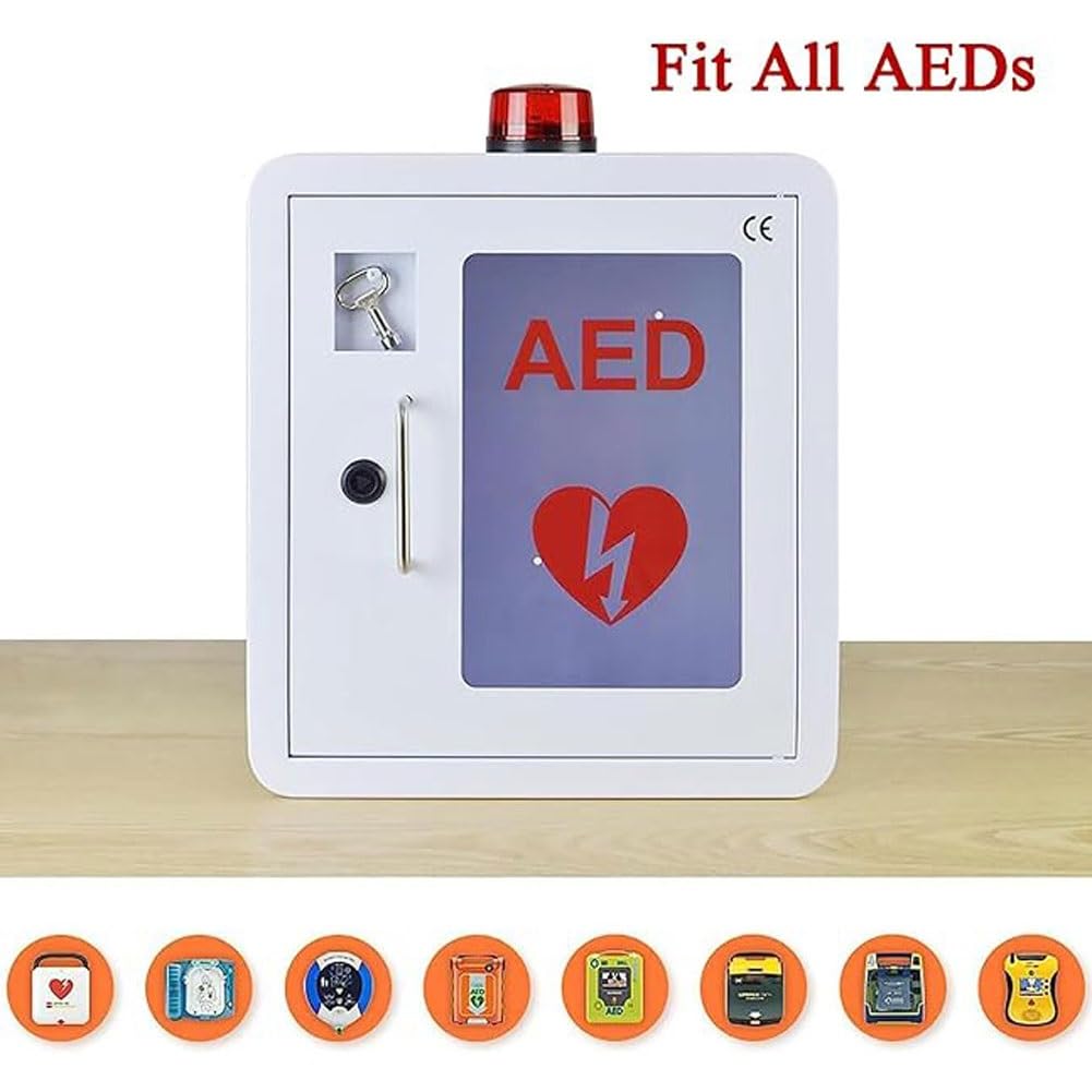 Armoire de rangement for défibrillateur AED, boîte de premiers secours murale for défibrillateur AED avec clé et alarme, conception à coins arrondis, boîtier en plaque métallique en acier, for urgence