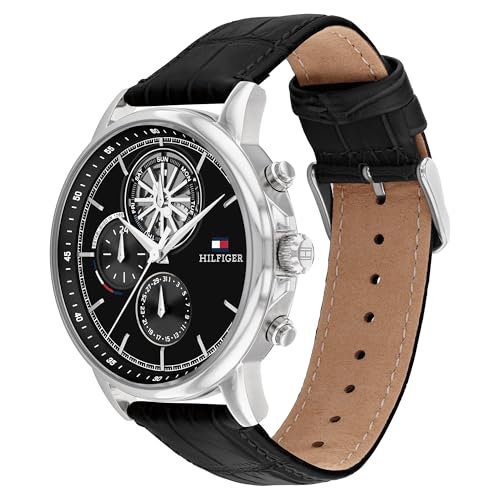 Image of Tommy Hilfiger Multifunction Black Dial Leather Strap Watch for Men