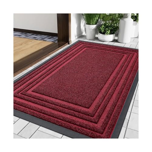 屋外用ドアマット、ドアマット天然ゴム製滑り止めロープロファイル家庭用玄関フロア頑丈な屋内用(Red,43 x 75 cm (Rectangular))
