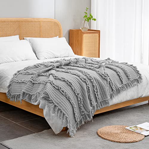 Ultra Soft Pre-Washed Quilted Throw Blanket, Ruffle Fringed Grey Boho Decorative Throw, Stone Washed Chic Rustic Blanket For Sofa Couch Bed Chair, 50"X60" #TOP6