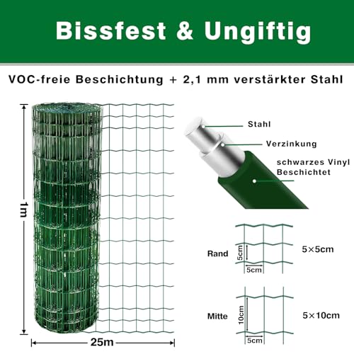 1x25m Gartenzaun Zaun PVC-beschichtet & verzinkt Maschendraht Metallzaun Drahtstärke 2,1 mm Maschen 5x5cm / 5x10cm, Tiefgrün – Robustes Drahtgeflecht für Garten, Tiere und Beet