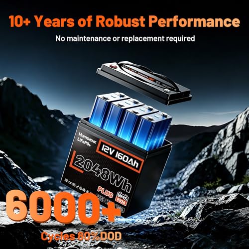 Image of HumsiENK 2Pack 12V 160Ah Plus Lithium LiFePO4 Battery, 2048Wh Energy Trolling Motors Battery, 150A BMS with Low-Temp Protection, 15000+ Deep Cycles, 10 Years Lifespan for RVs, Marine, Off-Grid, Boat