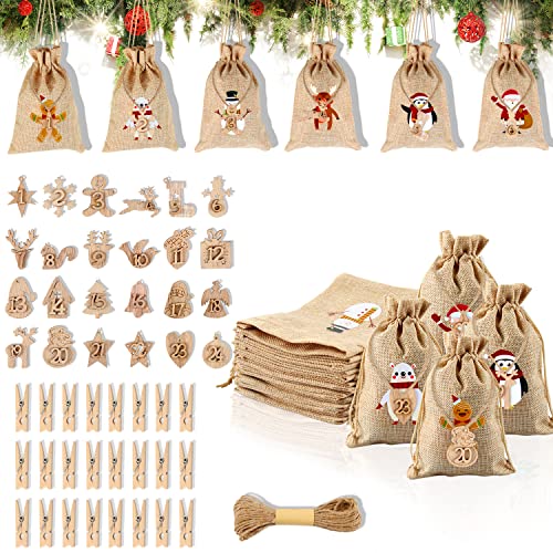 Calendrier de l'Avent Sac en Tissu, 24 Calendrier de l'Avent Sac, DIY Sachets en Tissu à Remplir, Sacs Surprise Noël Sachets,Sac Calendrier de l'Avent à Remplir, avec Étiquette Numérique+ Clip+ Corde Cover