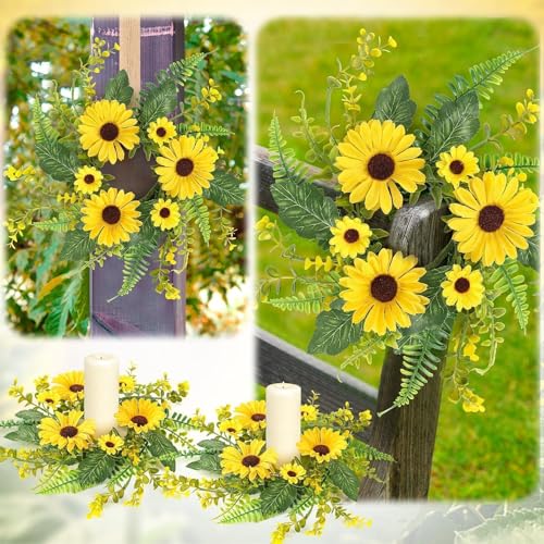 Image of 6Pcs Sunflower Wreath for Front Door Artificial Sunflower Spring Summer Table Centerpieces Wreath Fake Yellow Floral Candle Rings Wreaths for Pillars Cabinets Wedding Table Home Decor