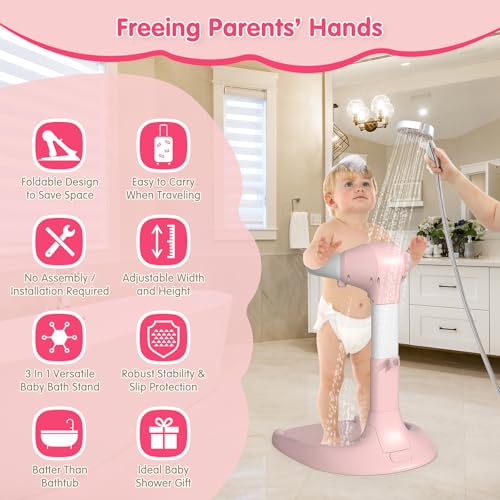Image of Foldable Baby Shower Standing Support with Anti-Slip Base and Shower Holder, Adjustable Baby Bath Stand, No Assembly /Installation Toddler Stand Up Shower Support for Home /Travel Bath Time, Pink