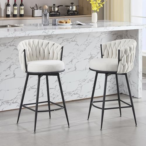 Image of BFZ Bar Stools Set of 2 for Kitchen Counter, 26 inch Modern Fabric Counter Height Barstools, 360°Swivel Bar Chairs Stools with Woven Back and Footrest for Bar, Kitchen Island
