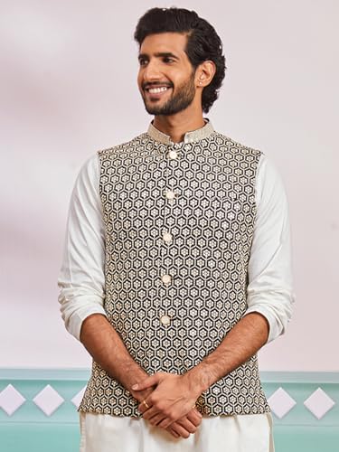 Image of VASTRAMAY Men's Embroidered Nehru Jacket - Festive Ethnic Waistcoat for Festive, Wedding, Party & Traditional Occasion Outfit