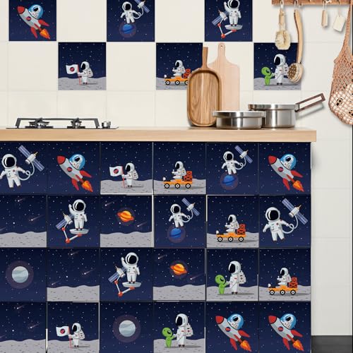 Azulejos Adhesivos Cocina 10x10 cm Astronautas De Azul Oscuro Vinilos Baño Azulejos Impermeable Azulejos Adhesivos Baño Vinilo Pared Decoración de Muebles Azulejos Adhesivos (10 Piezas)