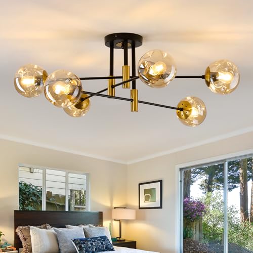 Image of 6-Lights Sputnik Ceiling Light Fixture Mid Century Modern Glass Globe Flush Mount Chandelier Black and Gold Farmhouse Lighting for Living Room Dining Room Bedroom Kitchen