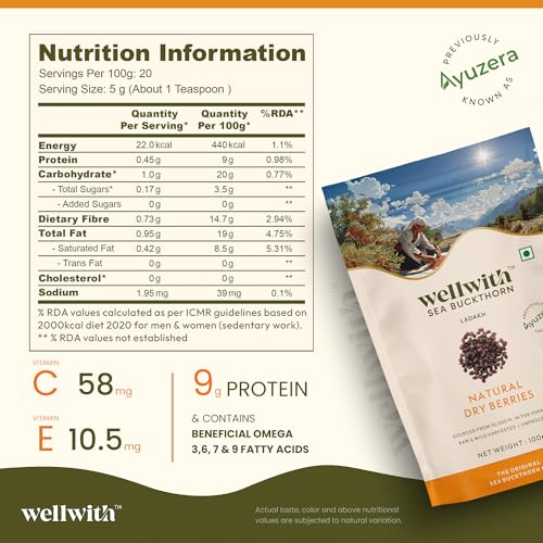 Image of Wellwith Sea buckthorn Dry Berry 100g (Pack of 1) - Natural, Sun-Dried, Rich in Omega 3,6,7 and 9, & Vitamin C, E | Dried Seabuckthorn Berries | No Added Sugar or Preservatives