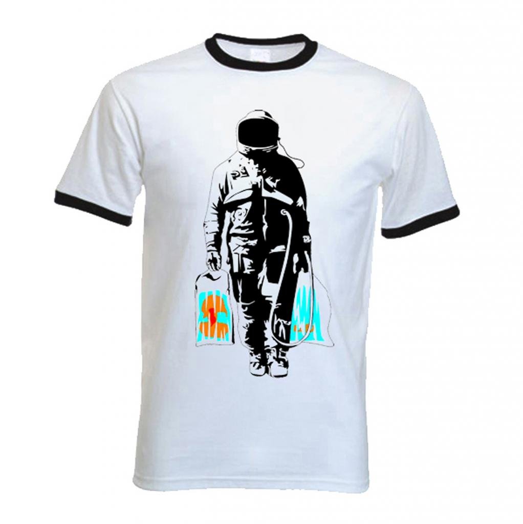 Tribal T-Shirts Banksy Spaceman Mens Ringer T Shirt (XXL, White)