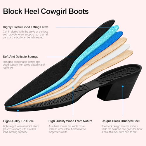 Image of Knee High Cowgirl Boots Women Wide Calf Rhinestones Cowboy Boots Lady Pointed Toe Chunky Heel Embroidered Sparkly Boot With Side Half Zip Country Sparkle Boot Size 6-11