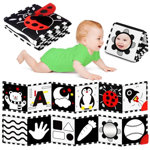 High Contrast Baby Toys for Newborn, Tummy Time Mirror, Black and White Baby Toy for 0-6 Months, Soft Montessori Visual Stimulation Infant Book, Boy...
