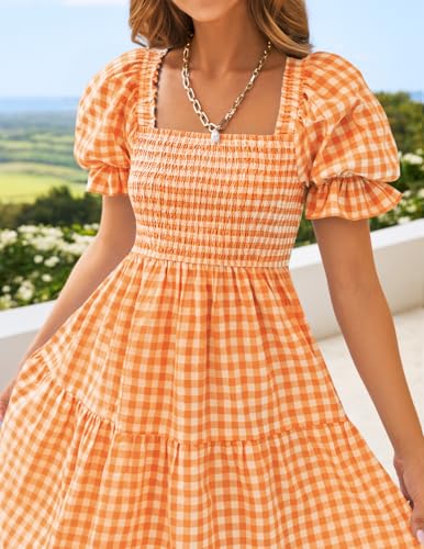 Image of ZESICA Women's 2026 Boho Summer Dresses Gingham Puff Sleeve Square Neck Flowy Beach Midi Dress