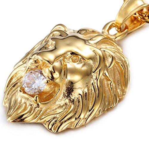 Jewelry Kingdom 1 Mens Necklace Lion Pendant Necklace, Bigger in Size, Silver Plated Stainless Steel, 3PCS Shiny CZ Diamonds, Comes with Rope Chain 24”and in a Gift Box2
