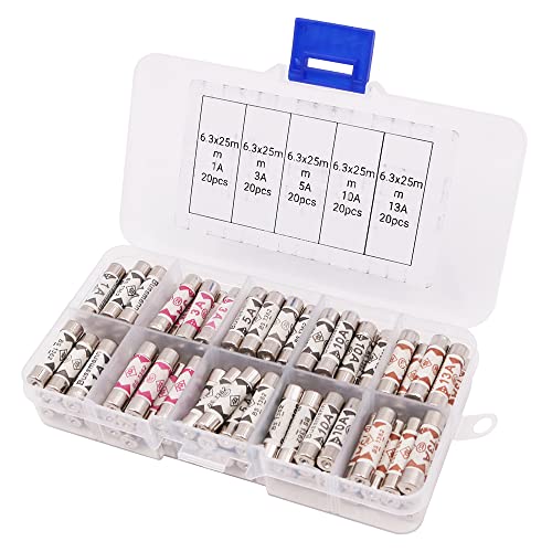 Tiardey 100 pièces 5 types 240V Volt prise secteur domestique fusible 6.3x25mm Tube en céramique cartouche fusibles Kit d'assortiment