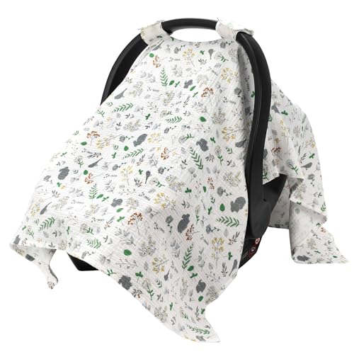Image of SERAPHY 100% Muslin Cotton Car Seat Covers for Babies, Universal Baby Car Seat Cover, Breathable Muslin Carseat Cover Canopies for Boys and Girls, Soft Infant Car Seat Cover for Summer — Leaves