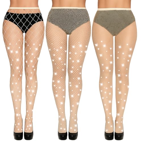 3 Pack Sparkly Large Medium And small Mesh Fishnet Tights For Women Glitter Rhinestone Fishnets Stockings