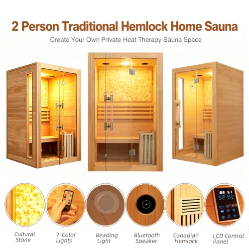 Image of Smartmak Wooden Steam Sauna, 2-Person Indoor Home Sauna, 4.5 Harvia Stove, with Cultural Stone Walls (220V, 194℉)