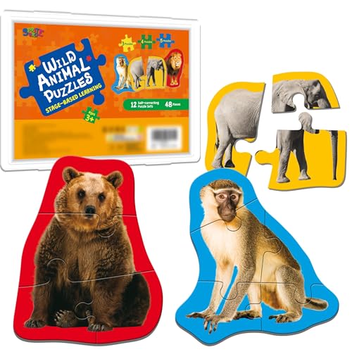 12 Puzzles de Animales Salvajes, 48 Piezas, Rompecabezas de Safari Realistas con Guía de Nombres para Niños Pequeños de 3+ Años miniatura 1