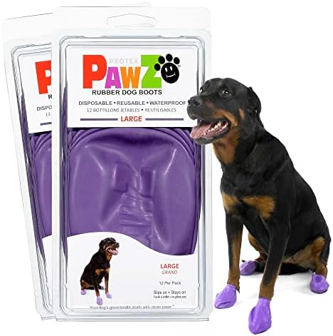 PawZ Rubber Dog Boots for Large Paws - All-Weather Waterproof Dog Shoes, Anti-Slip Traction for Rain, Snow, Mud & Hot Pavement - Pull-On Dog Booties, Purple - Large (3"- 4") - Pack of 24