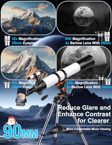 Image of Telescope for Adults High Powered 90mm Aperture 800mm (32X-240X), Refractor Telescopes for Astronomy Beginners with AZ Mount Tripod, Phone Adapter, Carry Bag (80090white)