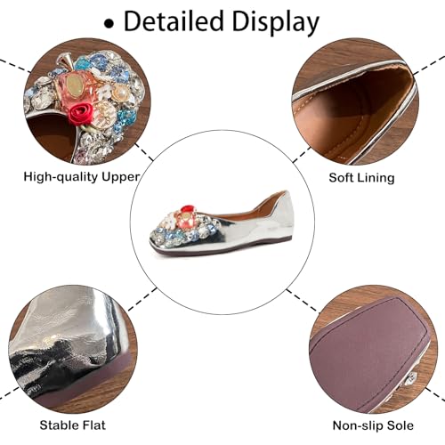 Women's Leather Fashion Rhinestone Ballet Flats Sweet Comfortable Glitter Crystal Square Toe Slip On Soft Sole Dress Shoes for Work Party Daily3