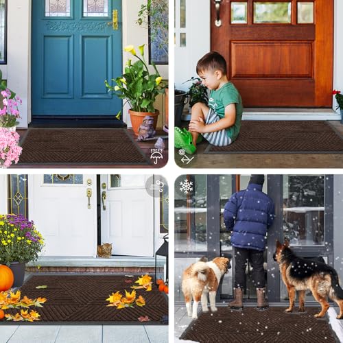Image of Smiry Front Door Mat Outside Entrance, Heavy Duty Sturdy Natural Rubber Doormat, Trap Dirt and Moisture, Easy Clean Low Profile Mats for Indoor Outdoor Entry, Irregular Triangle (71x34, Dark Brown)