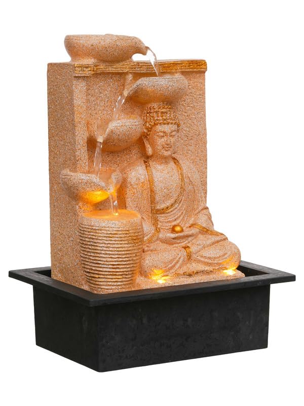 Image of Polyresin Sand Meditating Buddha Tabletop Indoor 4 Diya Steps Water Fountain for Home Decor with Yellow LED Light & Speed Controller Pump (Size: 40 x 29.5 x 22CM | Wt: 2685grm)