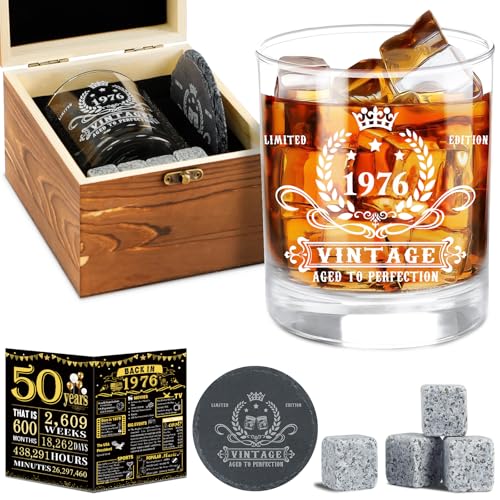YeohJoy 50th Birthday Gifts for Men,Vintage 1976 Whiskey Glass Set,Wood Box & 1976 Poster Anniversary Card &Whiskey Coaster & Stones,Bday Gifts Ideas for Him, Dad, Husband