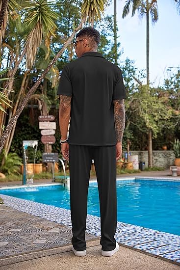 Image of CHKOKKO Men Training Suit Solid Polyester Summer Co-Ord Set With Polo Neck