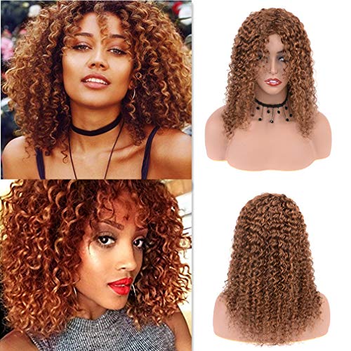 Cute Fairy Deep Curly Human Hair Wig Kinky Curly Wig with Bangs Fluffy Wavy Wig Nature Looking Glueless Wig 18 inches Brown Curly Wig