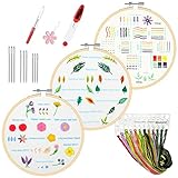 YINVA Anfänger Stickerei Set Stickerei Set, Blumenmuster Pflanzen Kreuzstich-Kit Starter Tools Kit mit 3 Stück Kunststoff-Stickrahmen, Farbfäden und Werkzeuge,für DIY Kunst,Handwerk