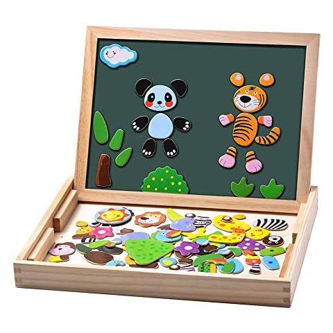 Uping 100pcs Wooden Magnetic Puzzle Toys For Kids Up 3 Years, Double Sided Magnetic Panda Animal Puzzle Board Educational Drawing Easel Blackboard Cover