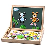 Uping Magnetisches Holzpuzzle 100 Stück, Doppelseitige Magnettafel, Zeichenbrett Farbstifte Kreiden, Wald and Tier Puzzles Spielzeug für ab 3 Jahre