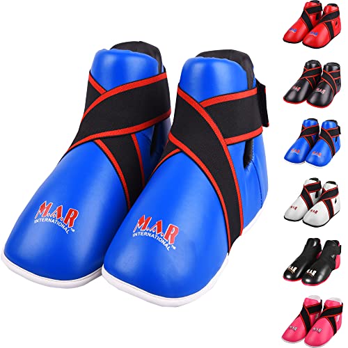 MAR | Blue Martial Arts Foot Protector for Karate, Kickboxing, Muay Thai, Taekwondo, Karate K1 Kick Boots, Taekwondo Foot Protectors, Moulded Foam Padding Elasticated Toe Loops (Kids - Child Small)