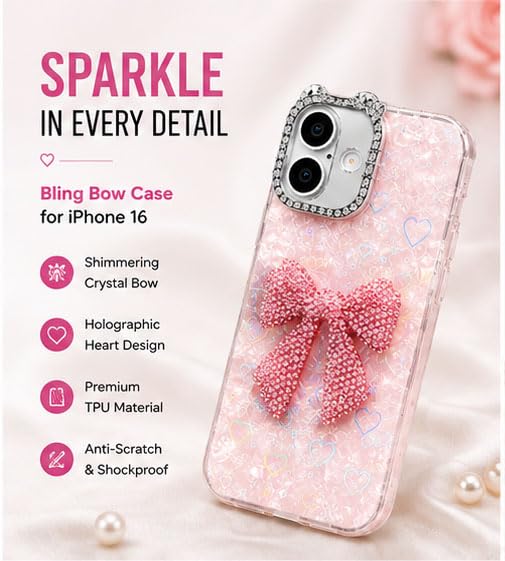 Image of mobistyle Compatible with iPhone 16 | Rhinestone Bow Elegant Heart Shell Pattern and Camera Lens Protection Back Cover Case for Women Girls iPhone 16 (Pink)