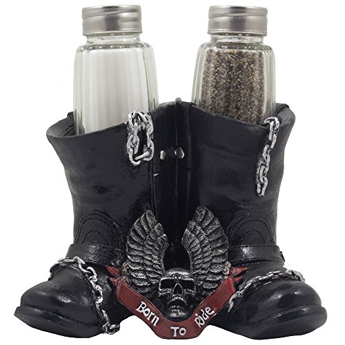 Decorative Black Motorcycle Biker Boots Glass Salt and Pepper Shaker Set Figurine with Born to Ride Banner, Skull & Eagle Wings Symbol for Bar or Kitchen Decor As Gifts for Harley Riders