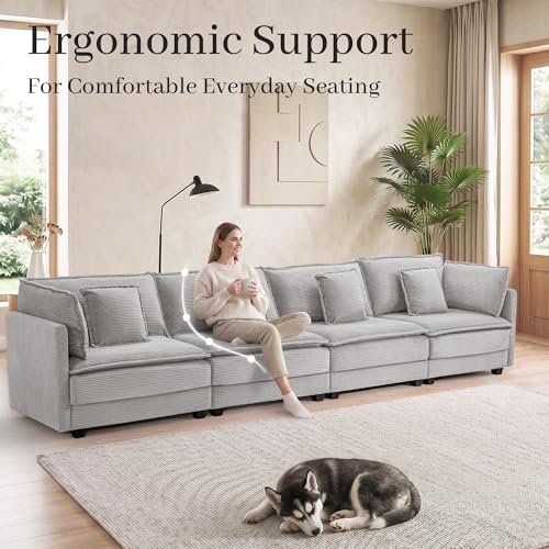 Image of Corduroy Sectional Couch, 4 Seater 149.2 inch Cloud Couch, Modular Deep Seat Sofa with Pillows for Living Room, Apartment, Lightgrey