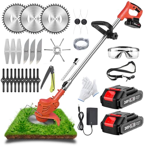 Decespugliatore a Batteria, Tagliabordi a batteria con 24V batteria e 5 tipi di lame, Testata Regolabile e Maniglia Telescopica per il taglio di giardini, prati e terreni agricoli